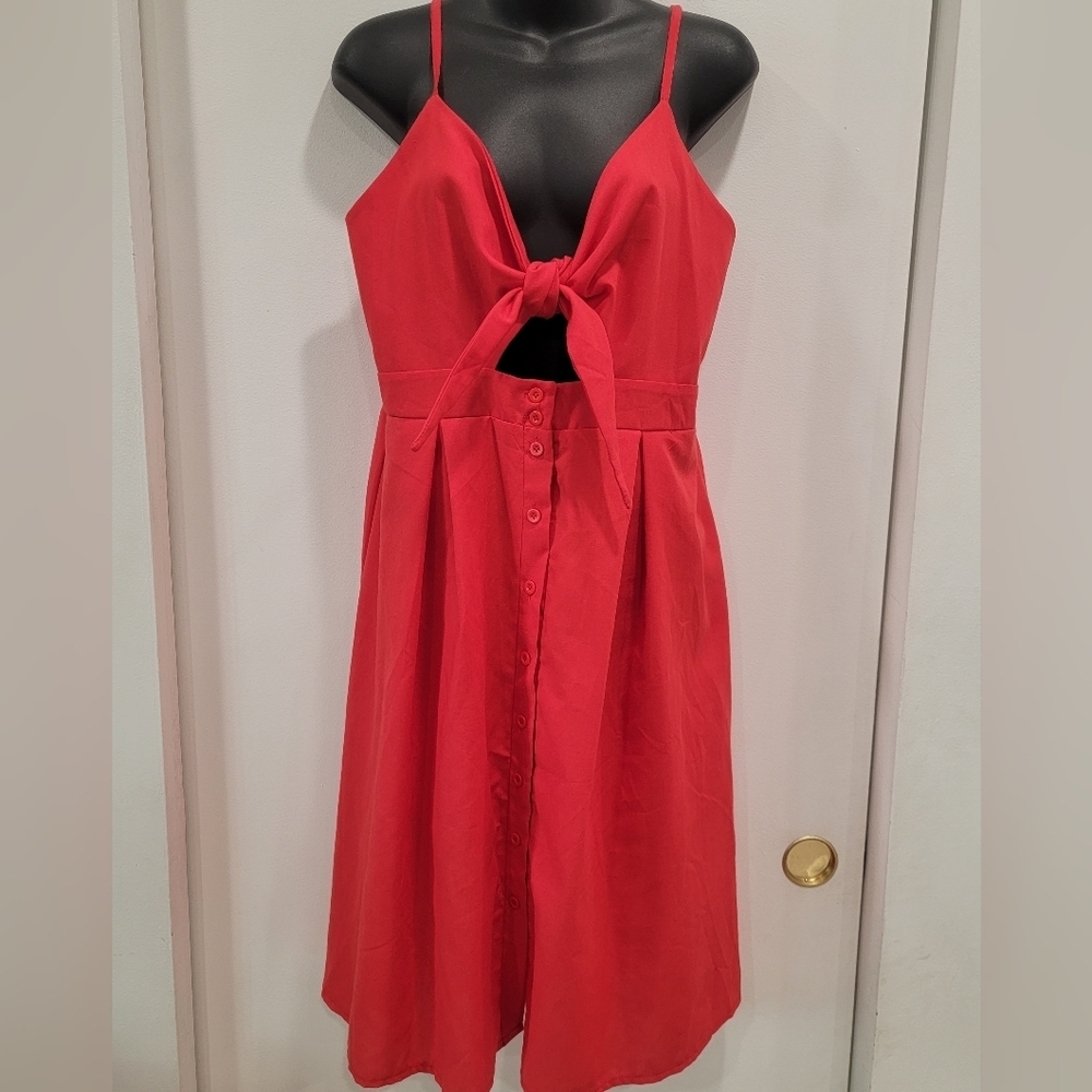 NWT ECOWISH Women Size XL Red Spaghetti Straps A Line Dress XL w/Bow Tie